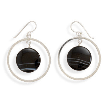 Open Circle French Wire Earrings with Banded Black Onyx Disc