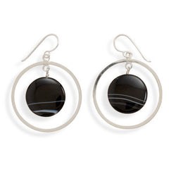 Open Circle French Wire Earrings with Banded Black Onyx Disc