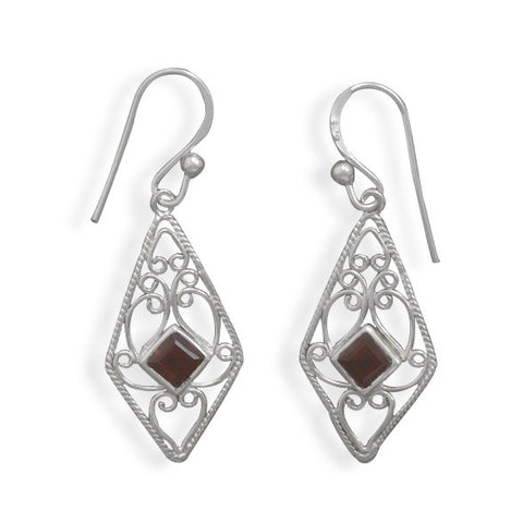 Scroll and Garnet French Wire Earrings