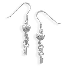 Rhodium Plated Heart and Key French Wire Earrings