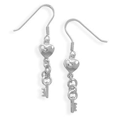 Rhodium Plated Heart and Key French Wire Earrings