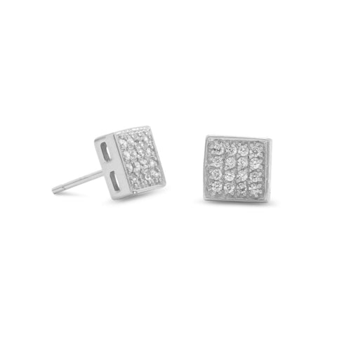Rhodium Plated Square Pave CZ Earrings