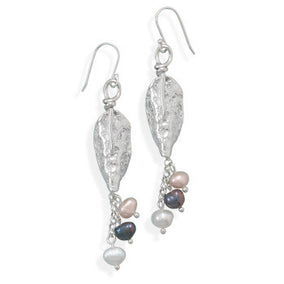 Textured Silver Leaf and Cultured Freshwater Pearl Earrings
