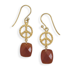 14 Karat Gold Plated Peace Sign Earrings with Carnelian
