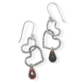 Oxidized Double Heart Drop Earrings with Garnet