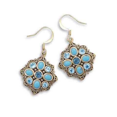 Bronze Earrings with Blue Topaz and Reconstituted Turquoise