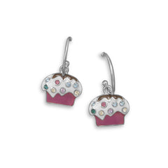Rhodium Plated 1/2 Hoop Earrings with Cupcake Charm