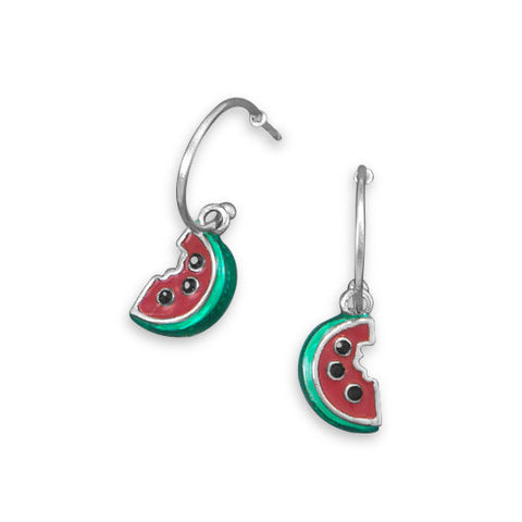 Rhodium Plated 1/2 Hoop Earrings with Watermelon Charm