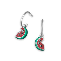Rhodium Plated 1/2 Hoop Earrings with Watermelon Charm