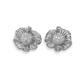 Rhodium Plated CZ Flower Earrings