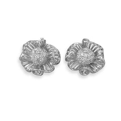 Rhodium Plated CZ Flower Earrings