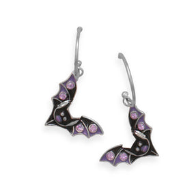 Rhodium Plated Hoop Earrings with Bat Charms