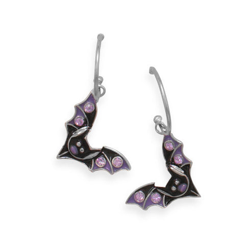 Rhodium Plated Hoop Earrings with Bat Charms