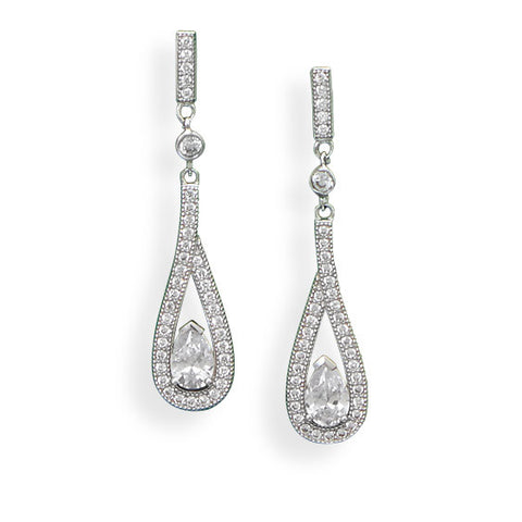 Rhodium Plated Micro Pave CZ Drop Earrings