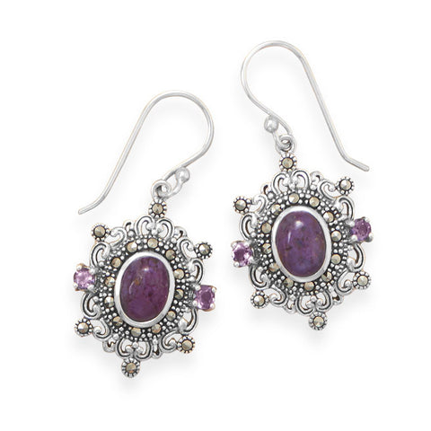 Ornate Marcasite and Purple Turquoise Earrings