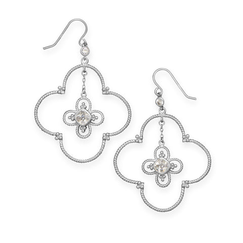 Rhodium Plated Double Quatrefoil Drop Earrings