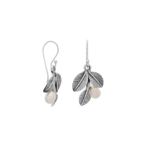 Oxidized Leaf Earrings with Cultured Freshwater Pearls