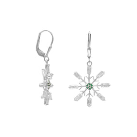 Rhodium Plated Snowflake Earrings with Clear and Green CZ