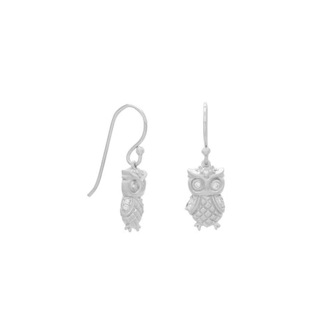 Rhodium Plated Satin Finish Owl Earrings