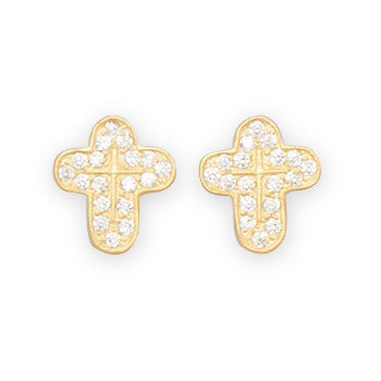 14 Karat Gold Plated CZ Cross Earrings
