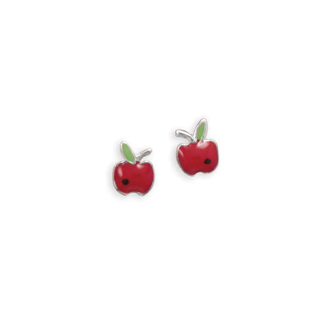 Tiny Rhodium Plated Red Epoxy Apple Earrings