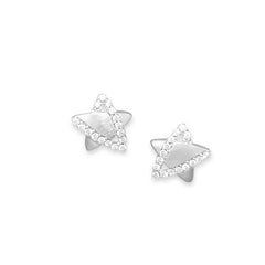 Rhodium Plated Brushed Star Post Earrings with CZs