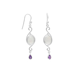 Elegant Rainbow Moonstone and Amethyst Drop Earrings