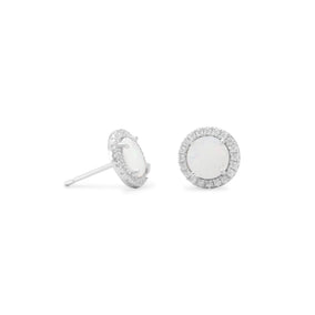 Rhodium Plated Synthetic White Opal and CZ Earrings