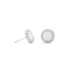Rhodium Plated Synthetic White Opal and CZ Earrings