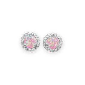 Rhodium Plated Synthetic Pink Opal and CZ Earrings