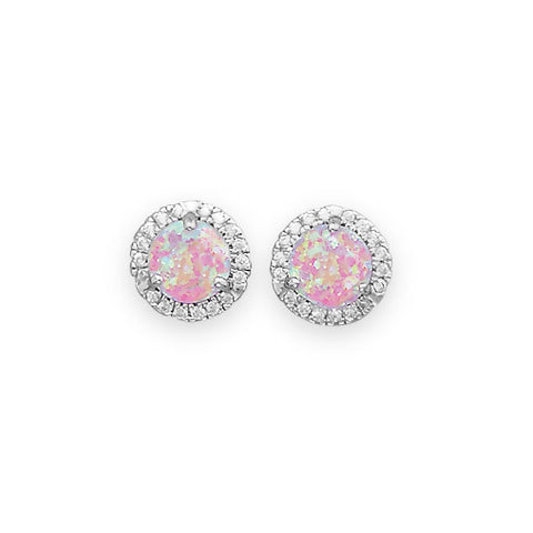 Rhodium Plated Synthetic Pink Opal and CZ Earrings