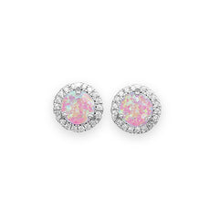 Rhodium Plated Synthetic Pink Opal and CZ Earrings
