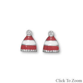 Red and White Stripe Winter Hat Stud Earrings