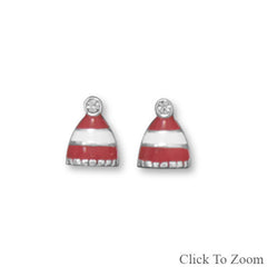 Red and White Stripe Winter Hat Stud Earrings