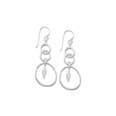 Rhodium Plated Triple Ring Earrings with Diamond Shape Drop