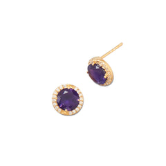 14K Gold Plated Amethyst Stud Earrings with CZ Edge