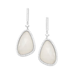 Rhodium Plated White Jade Drop Earrings with CZ Edge