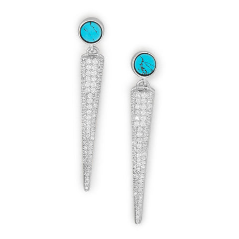 Rhodium Plated Drop Earrings with Imitation Turquoise and CZs
