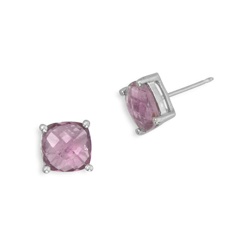 Rhodium Plated Cushion Cut Amethyst Stud Earrings