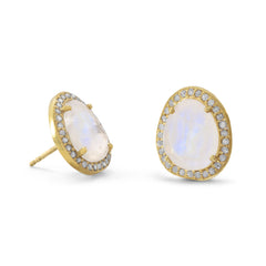 14 Karat Gold Plated Rainbow Moonstone and Gray Diamond Earrings