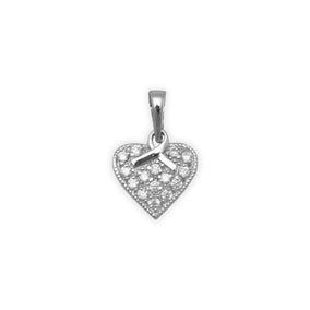 Rhodium Plated CZ Heart/Ribbon Pendant