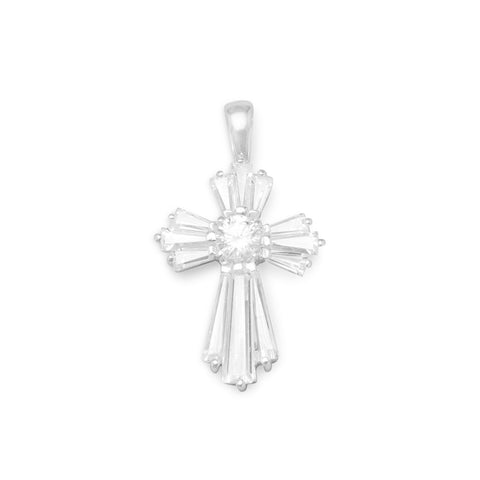 12 Baguette/1 Round CZ Cross Pendant