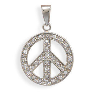Rhodium Plated CZ Peace Sign Pendant