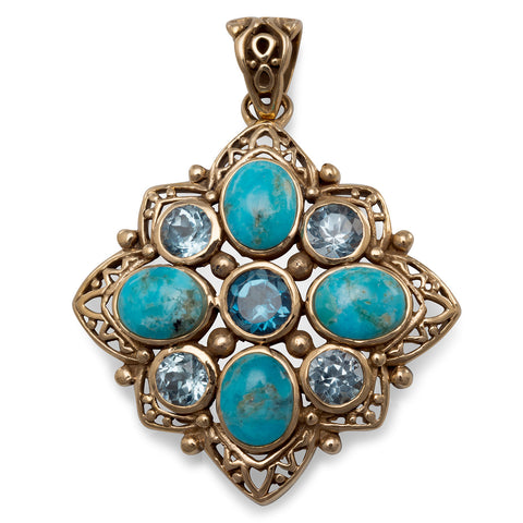 Bronze Pendant with Blue Topaz and Reconstituted Turquoise