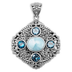 Ornate Larimar and Blue Topaz Pendant