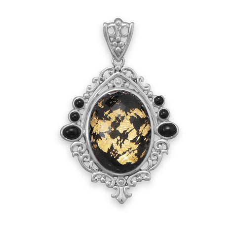 Black Onyx, Gold Leaf and Quartz Pendant