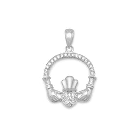 Rhodium Plated Micro Pave CZ Claddagh Pendant