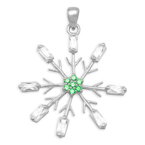 Rhodium Plated Snowflake Pendant with Clear and Green CZ