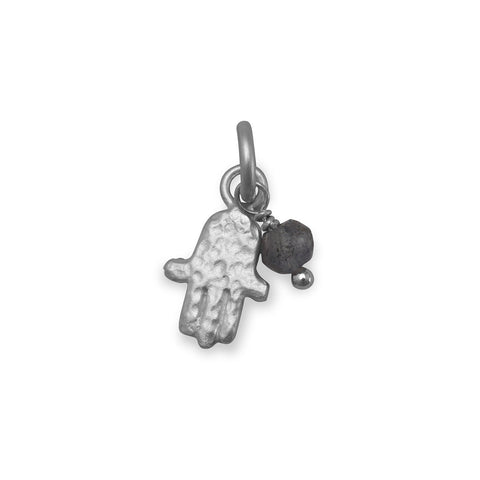Rhodium Plated Hamsa Charm with Labradorite