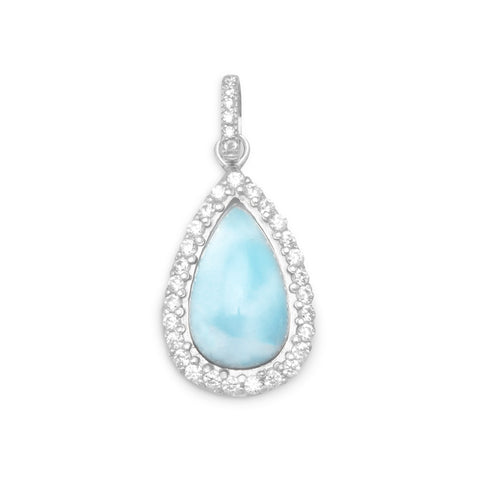 Rhodium Plated Pear Shape Larimar and CZ Pendant